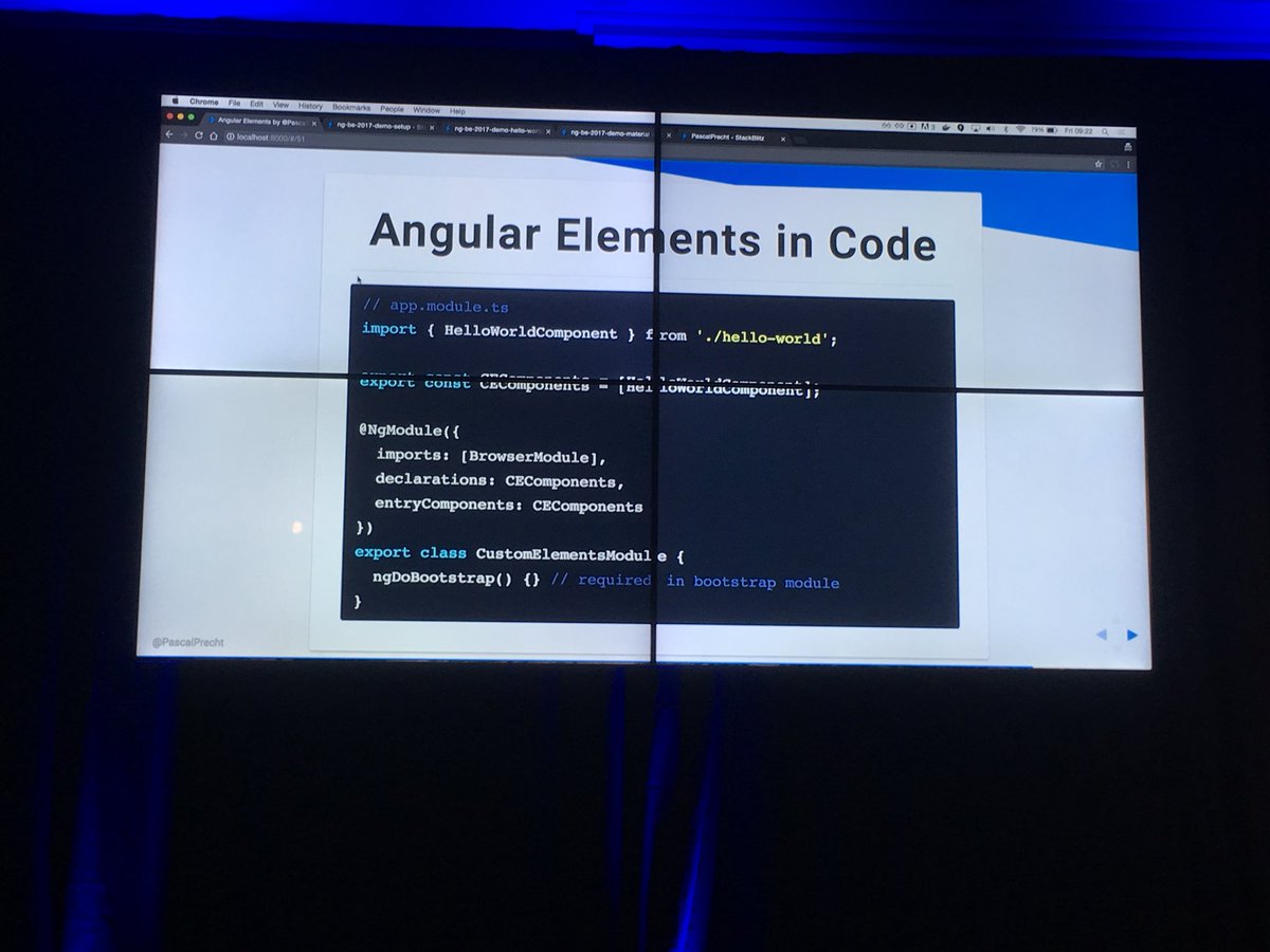 jawache's tweet photo. .@PascalPrecht just gave a talk on the upcoming Angular Elements feature at @ngbeconf. I think is gonna be THE game changer for Angular. https://t.co/cqtWvBV5Od