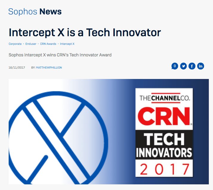 SophosPartners's tweet image. 🏆 Sophos Intercept X is the WINNER of @CRN &apos;s 2017 Tech Innovator Awards! soph.so/JeXv30gCThK