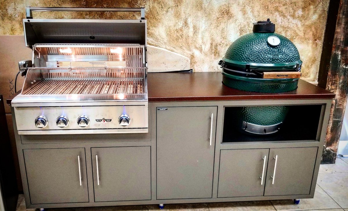 TheOKStore's tweet image. New in store, a beautiful @challengerdesigns cabinet to house your large @BigGreenEgg AND a 32" #DeltaHeat grill!  #grilling #outdoorliving #tampalife #biggreenegg #bgenation @twineaglesgrills