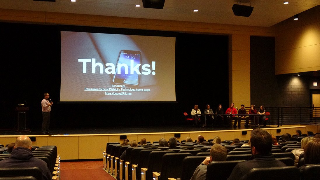 PewaukeeES's tweet photo. Thank you to our panelists (especially our insightful students Jaden, McKenna &amp; Miranda) &amp; everyone in attendance @PewaukeeHS for a great @ScreenagerMovie &amp; discussion on navigating our digital world together! Get resources here https://t.co/S7PlmYvBrI https://t.co/kWs00GZw7f