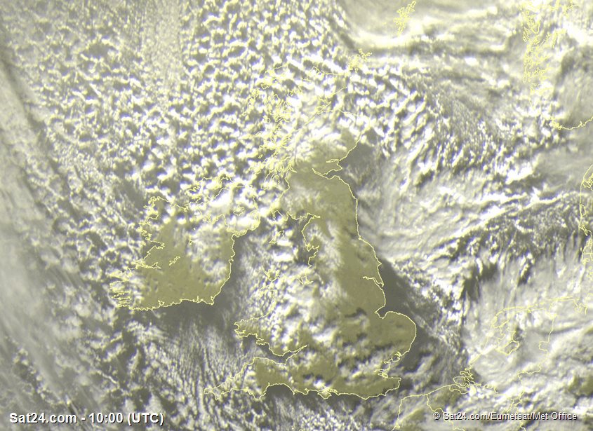 DerekTheWeather's tweet photo. Satellite image shows lumpy #snow shower clouds in the north and west and over #Wales. 
Some parts of the #UK and #Ireland clear and sunny. https://t.co/xnfdKrkGTg