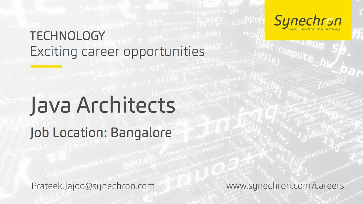 Synechron's tweet image. JOB 🔍 | We&apos;re looking for #JavaArchitects in #Bangalore! ▶ bit.ly/2mPoUHd  #Job #ITjobs #Techjobs