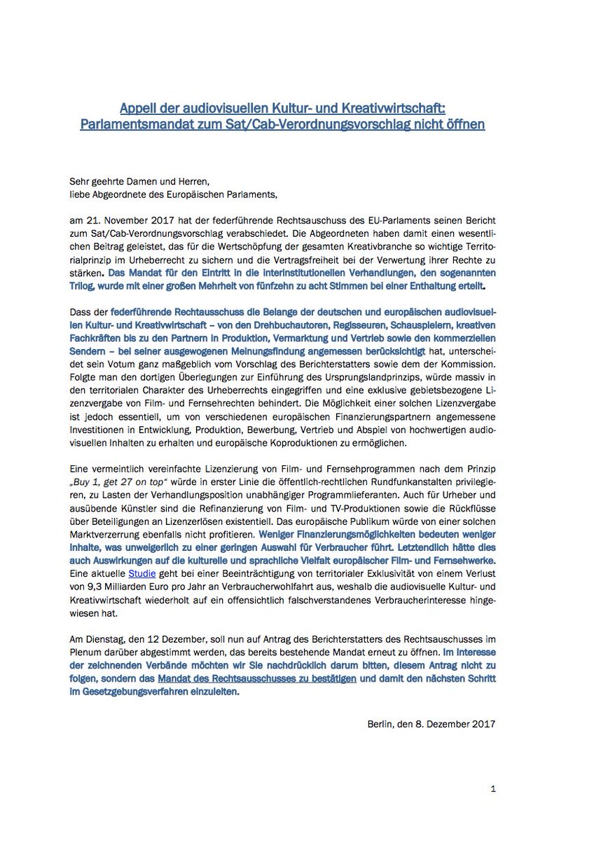 Appell der audiovisuellen Kultur- und Kreativwirtschaft: Parlamentsmandat zum #SatCab-Verordnungsvorschlag nicht öffnen #Urheberrecht #Film #TV