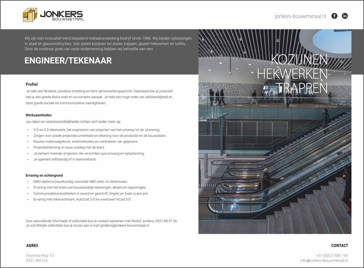Op zoek naar een mooie uitdaging! Jonkers Bouwmetaal BV is op zoek naar technische tekenaars/engineers. #vacature #tekenaar #engineer