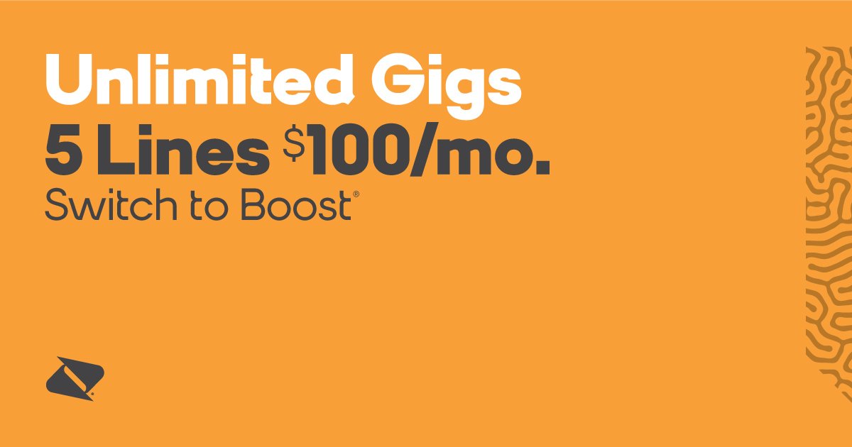 UpstateCellular's tweet image. For a limited time, get 5 lines each with Unlimited Gigs for $100/mo. when you switch to Boost. See in-store for details.