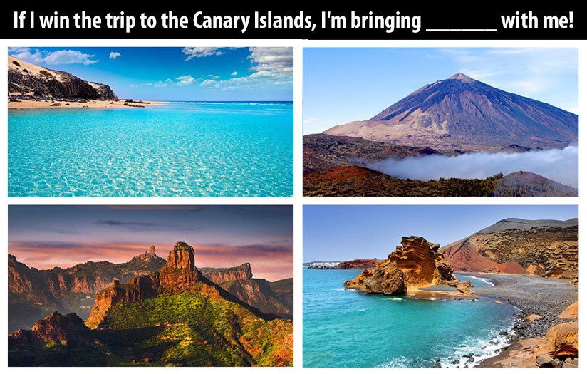 Canary_shuttle's tweet photo. ✈️ #WinATrip A WEEK´S #HOLIDAY FOR TWO TO THE #CanaryIslands 🏝️ISLANDS WITH ACCOMMODATION and RETURN FLIGHTS!“
If I win the trip to the Canary Islands, I'm bringing ______ with me!” https://t.co/ZP5cQcJPlG https://t.co/PtnlIr5MES