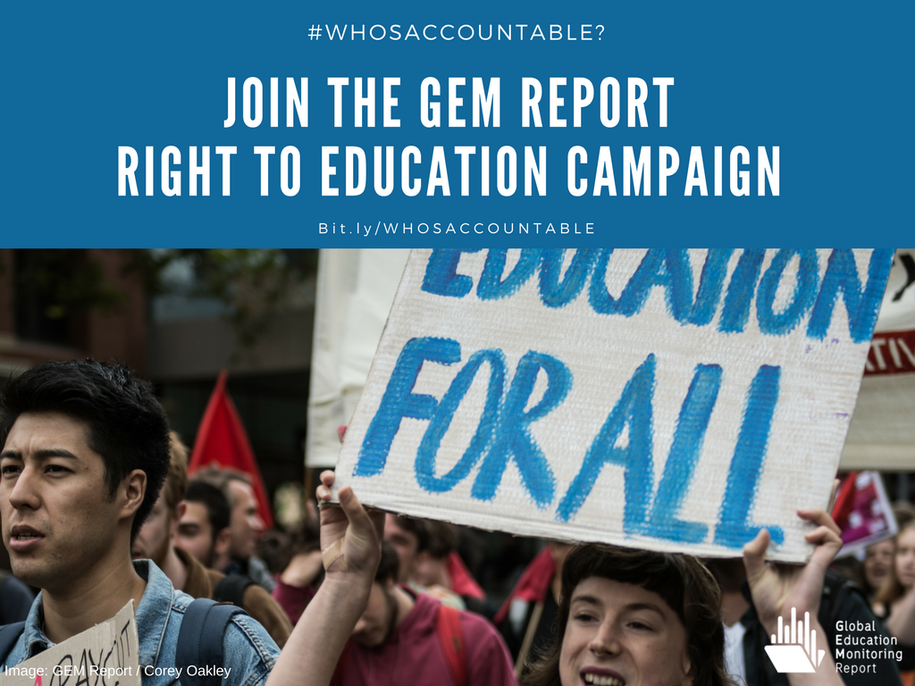 GEMReport's tweet photo. NEW GEM Youth Report calls for all young people to speak out when their rights or the rights of others to #education are violated. JOIN our campaign #WhosAccountable #RTE https://t.co/i5hFt1HnzZ https://t.co/mUOQKfd6JS