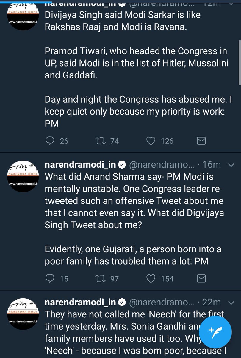 Vasudha156's tweet photo. PM Modi's very emotional appeal on abuses today after Mani Shanker's "neech" comment. https://t.co/AVXe44y0jU
