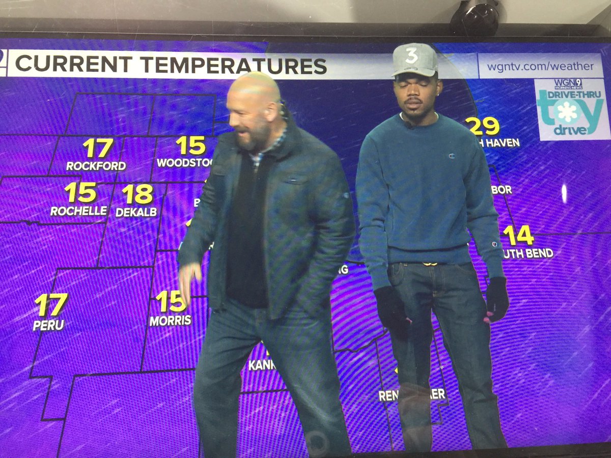 . @chancetherapper  was hilarious doing the weather @WGNMorningNews  #wgntoydrive to help @socialworks_chi