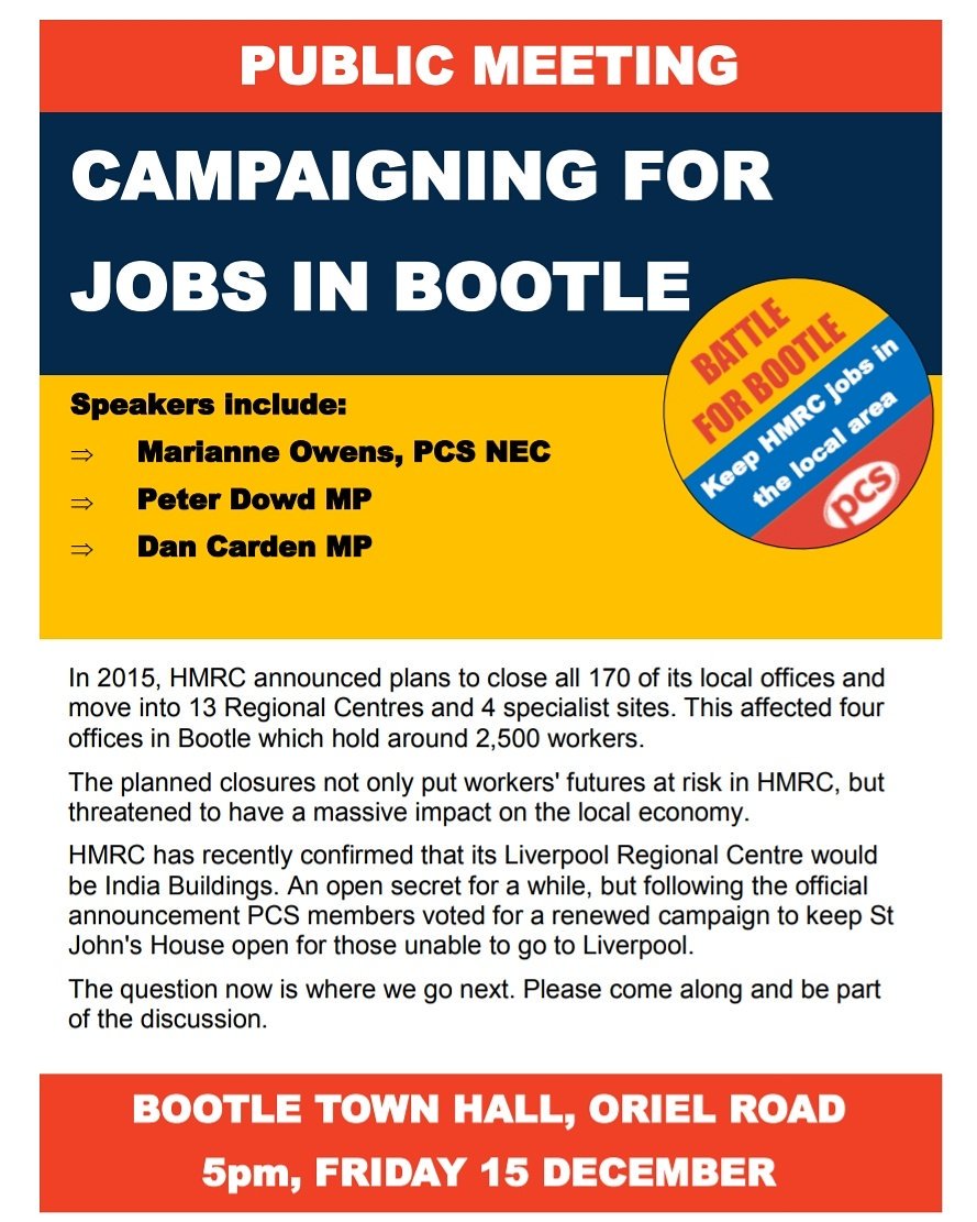 Battle4Bootle's tweet image. Come to our public meeting next Friday. 5pm at #Bootle Town Hall, with @pcs_union NEC member @MarianneROwens, @Peter_Dowd MP and @DanCardenMP.

@CWUBootleFS @LabourinBootle @MomentumSefton @NSSN_AntiCuts @PCS_Northwest @SeftonNUT @UnisonSeftonFE pls RT