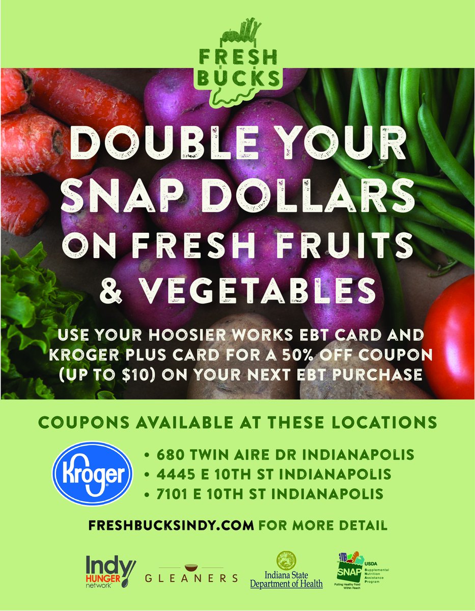 Excited to announce we now have 3 Kroger locations where Fresh Bucks' coupons are available. Check out freshbucksindy.com/locations/groc…  for more detail.