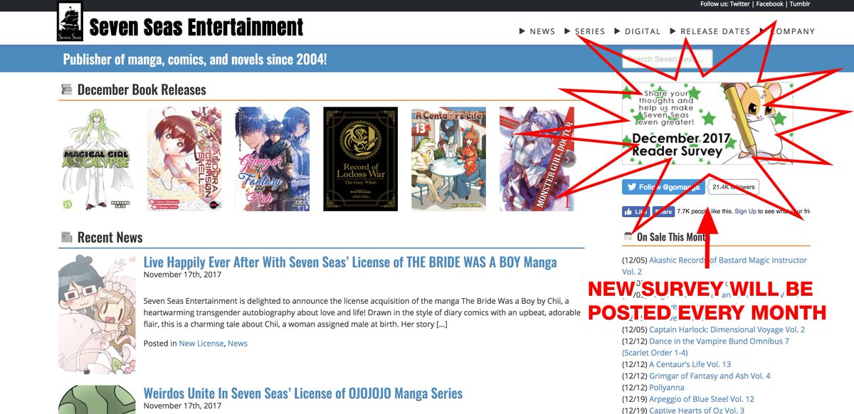 It’s that time again! New Seven Seas Reader Survey is up for December: goo.gl/forms/9ghjLK7z…

Answer questions, suggest licenses, and maybe win a free book. Get heard! 😃