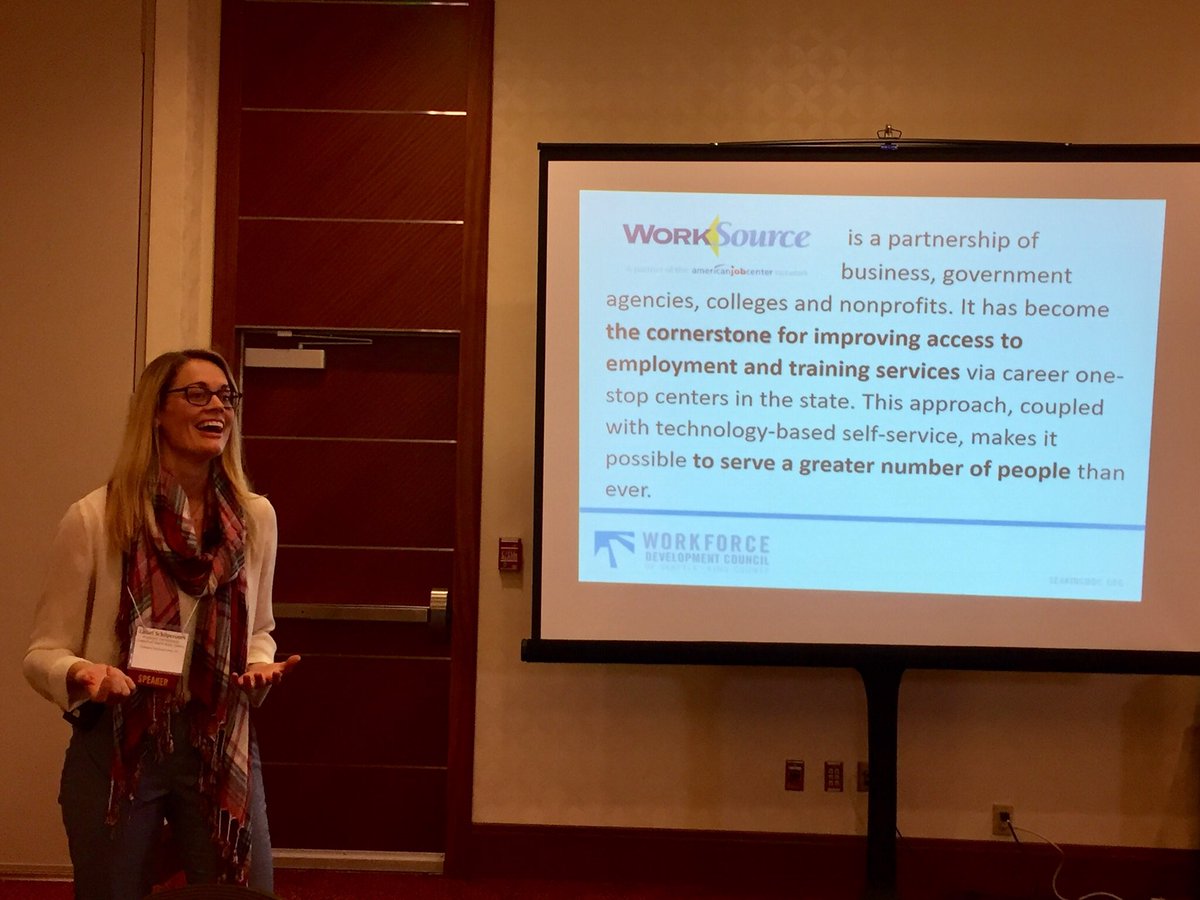 SeattleKingWDC's tweet photo. Amazing Liesel leading seminar on strategies to improve equity & access to services, the power of WorkSource Connection sites #CapacityToCope #DangerOfTheSingleStory #PassionForHelpingPeople https://t.co/moalmv8i83