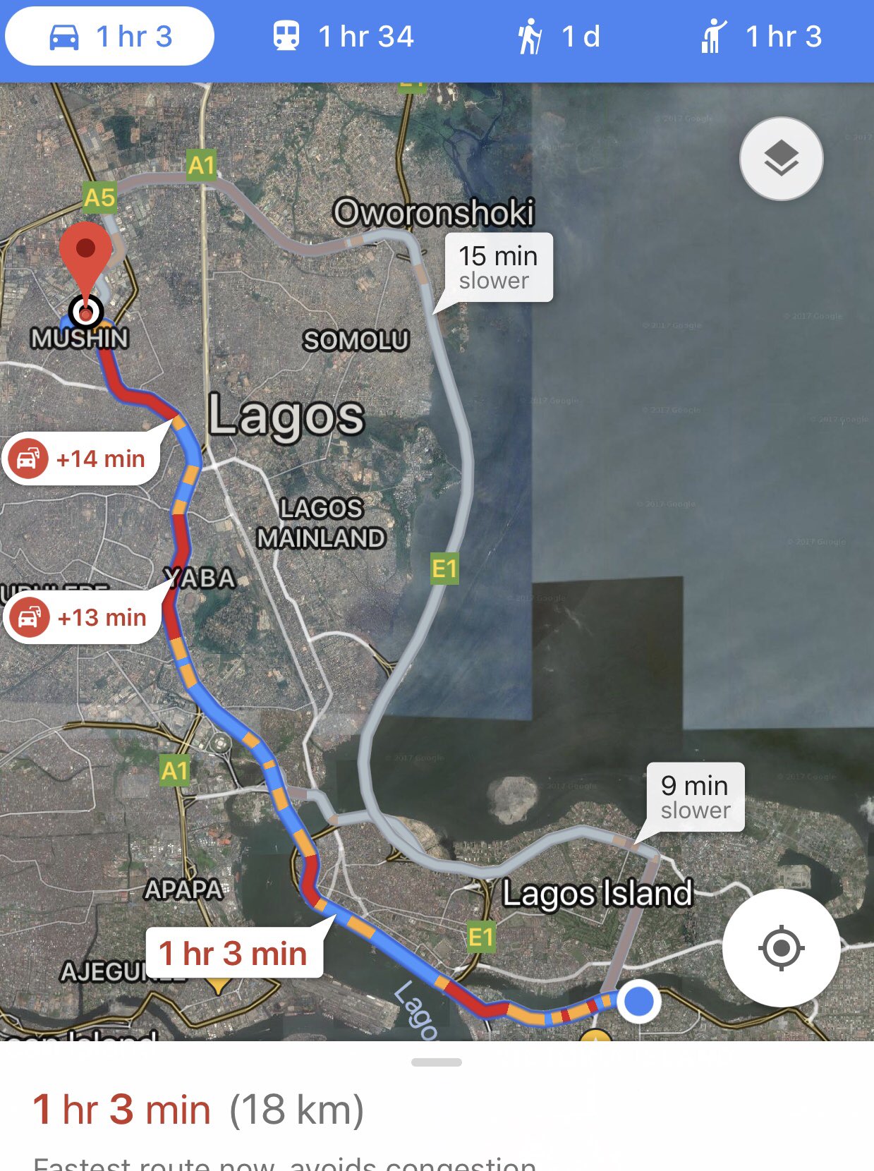 Traffic Map In Lagos Cab Van Der Vinne On Twitter: "#Lagos Traffic By Google Maps. 18 Km In 1  Hour And 3 Minutes! Took Us 1 Hour And 30 Minutes. Thats 12Km/ Hr.  Https://T.co/Lwcw8Lub3D" / Twitter