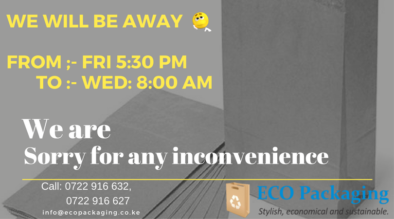 EcoPackagingKE's tweet photo. We are taking a short tea break from today till Wednesday 13/12/2017,
Remain calm and be kind to one another. 
info@ecopackaging.co.ke https://t.co/BucTbZHXUP