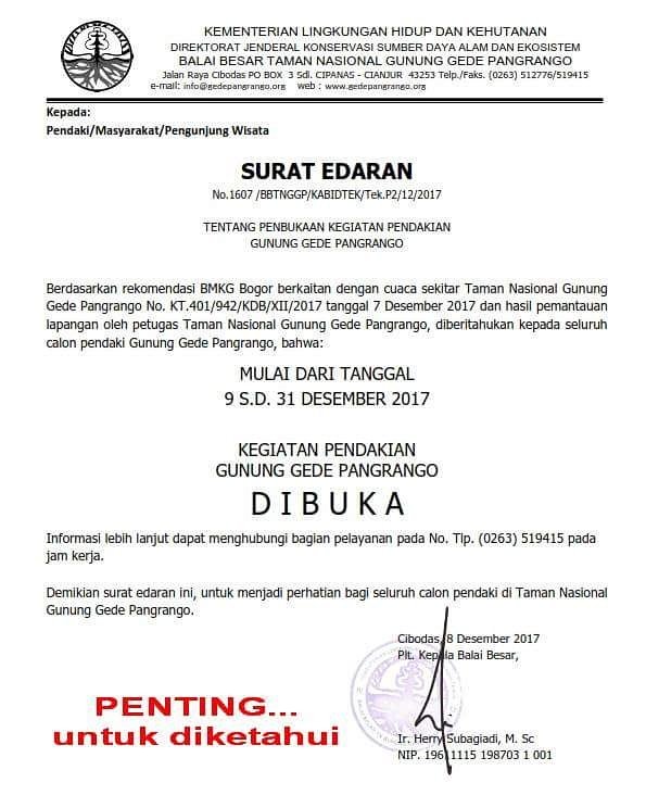K_P_G_I's tweet photo. Sekilas Info ;

Pendakian TNGGP di Buka kembali mulai Tanggal 9 s/d 31 Desember 2017.
pendaki cerdas, hentikan pendakian jika cuaca buruk. https://t.co/1NxlEbc4bi