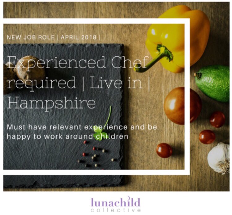 Unique opportunity for an experienced chef to join a family in Hampshire. Email lucy@lunachildcollective.com #chefjobs #cooking #privatehousehold