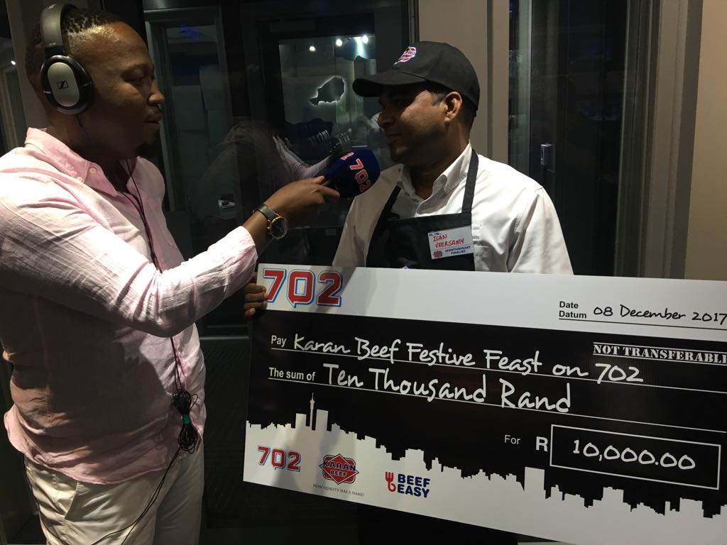 Radio702's tweet photo. Congratulations to our #FestiveFeast grand finale winner Ivan Veersamy - he identified all cuts of #KaranBeef on Chef Connie's platter correctly. Enjoy your R10 000 prize Ameer! #Beefestive https://t.co/KahJWimxMH