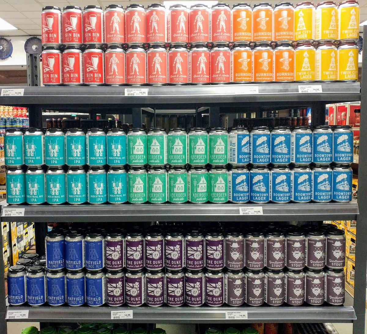 CanexLiquorEdm's tweet photo. What a wonderful beer rainbow! 🌈 Stop in today to grab a 6 pk of Medicine Hat beers, all their 6 pks are $1 off! @MHBrewCo  @UlickijBeer @UnTappedAB @AltaBrewers @AbBeerGuide #beer #craftbeer #abbeer #YEG #local #localbeer #SupportLocal #sale https://t.co/Xm5MvKvSrq