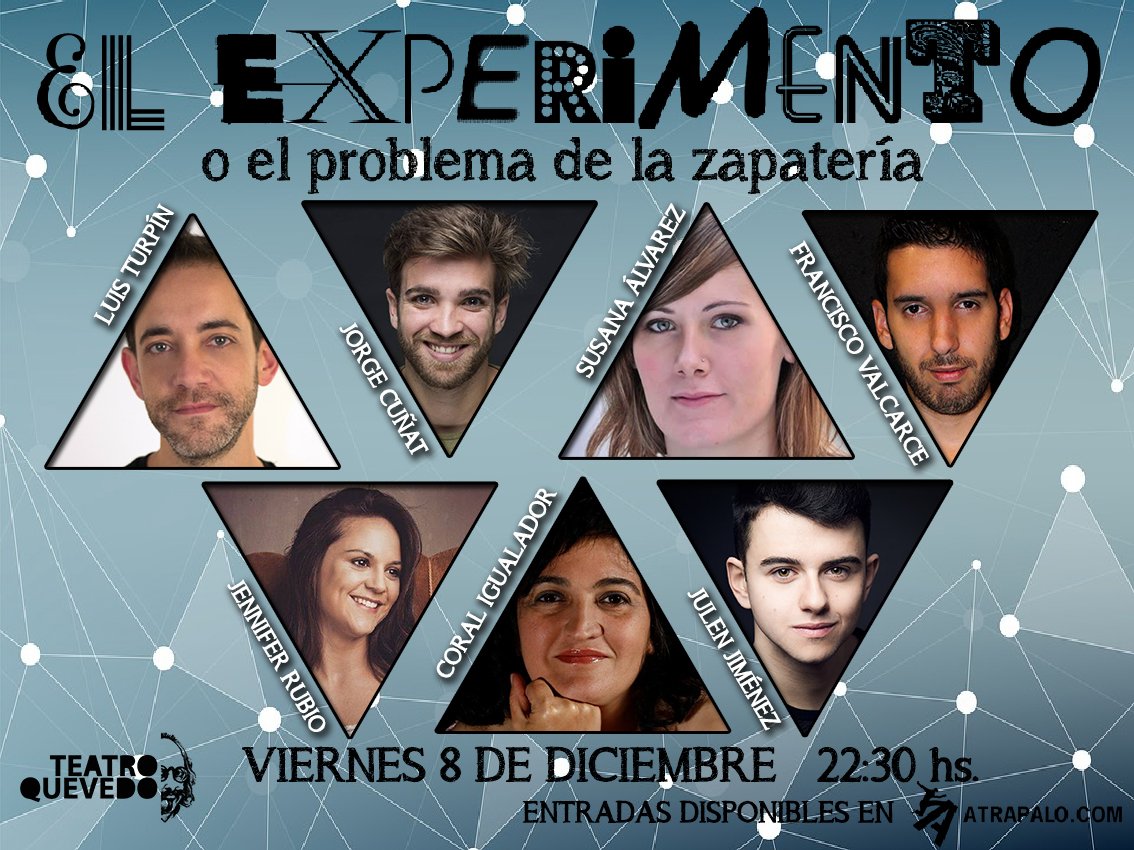 MOV_SEMPITERNO's tweet photo. Hoy viernes nueva oportunidad para disfrutar de nuestros sempiternos Fran Valcarce y Luis Turpín en El Experimento o el problema de la zapatería, en el Teatro Quevedo, junto a Coral Igualador, Jennifer Rubio, Susana Álvarez, Julen Jimenez y Jorge GC. Entradas en Atrápalo https://t.co/TfpifNcFPA
