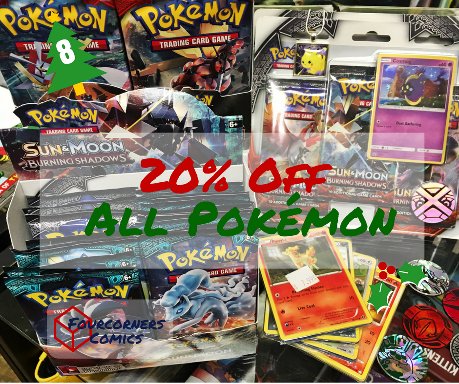 4CornersComics's tweet photo. The Countdown to Christmas has begun....24 Days of Deals - Starting with DAY 8 - 20% off ALL #Pokémon....Now thru 9:30pm (12/8 Only!) @4CornersComics! Let's help you check off that list! #countdowntochristmas #24daysofdeals #gettysburgpa #bestcomicshopingettysburg https://t.co/OiShYWHfHy