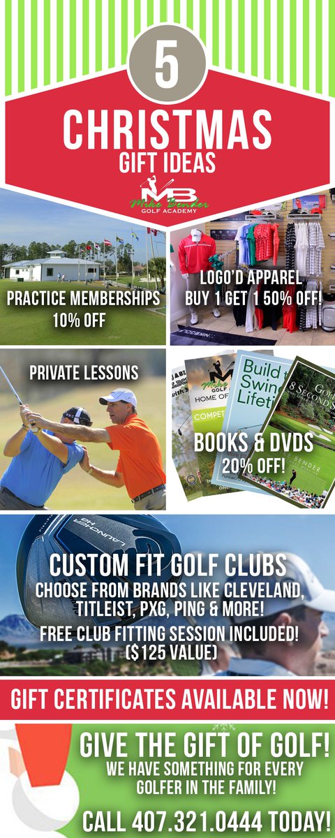 Not sure what to get that special someone for Christmas this year? Well here are 5 Gift Ideas and special offers from MBGA for EVERY golfer in the family! Call today 407-321-0444 to get your gift certificates! #gift #giftcard #givethegiftofgolf #customclubs #golf #golfclubs #pga