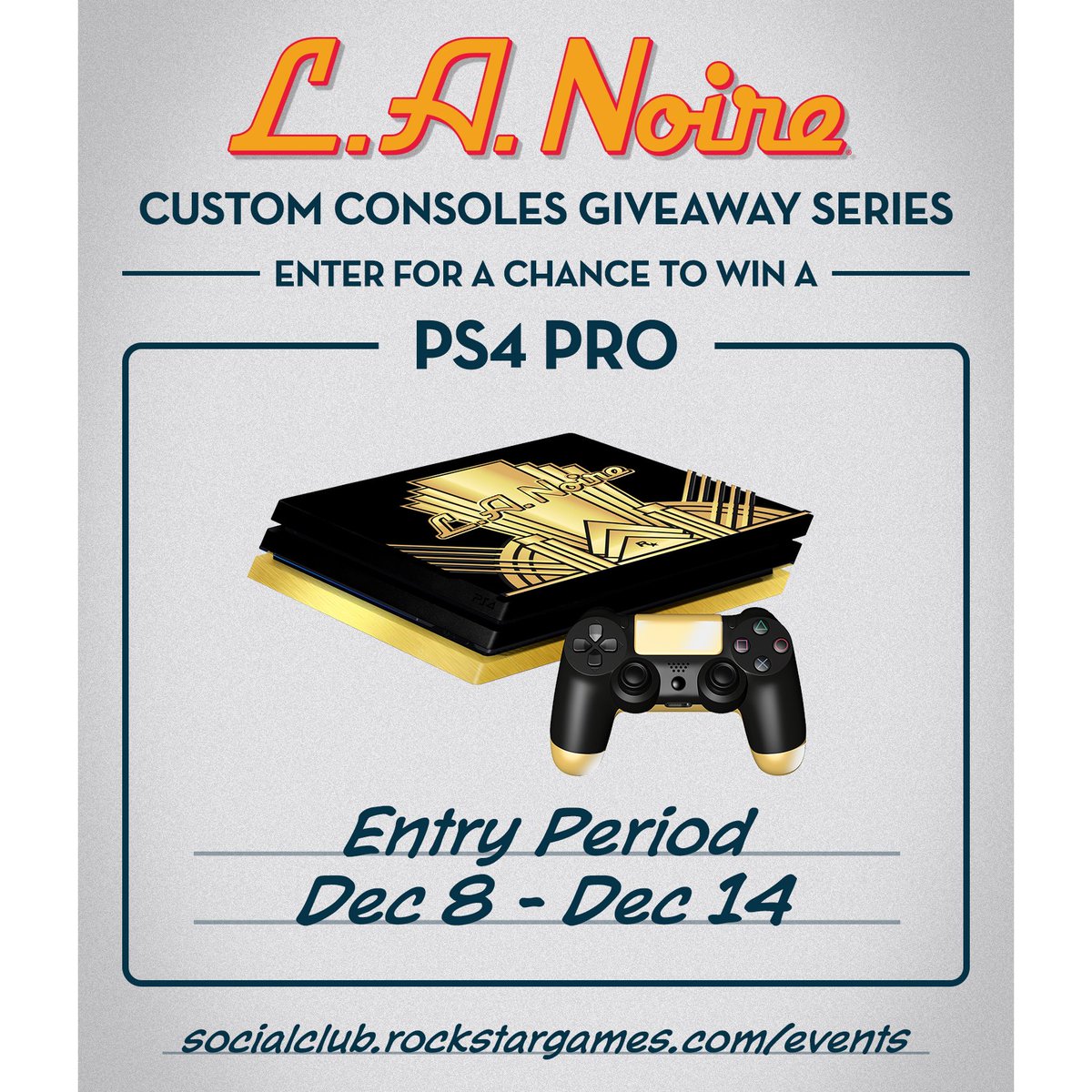 Enter at Social Club for the chance to win this fully customized PS4 Pro encased in a striking, retro L.A. Noire design. Ends Dec 14th: rsg.ms/44b94c2