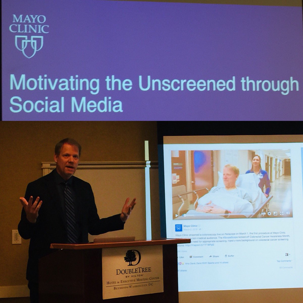 AmCollegeGastro's tweet photo. Healthcare social media guru from @MayoClinic Lee Aase knows his stuff and walks the walk about #coloncancerscreening sharing impressive insights and his #colonoscopy was broadcast live via Periscope #nccrt2017 https://t.co/1R1EcsltWd