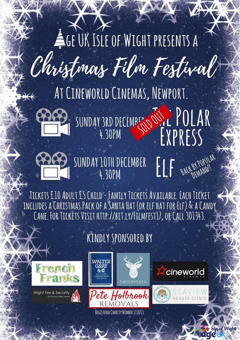 AgeUKIW's tweet photo. LAST CHANCE to get Your Tickets to see ELF at Cineworld IOW This Sunday at 4.30 for Age UK Isle of Wight.🎅🎬🎟️Tickets: https://t.co/BSctavl3J7 Festive Family Fun whilst helping your local charity this Christmas #Elf #Santaaaa #IKnowHim https://t.co/19zmsdjoUV