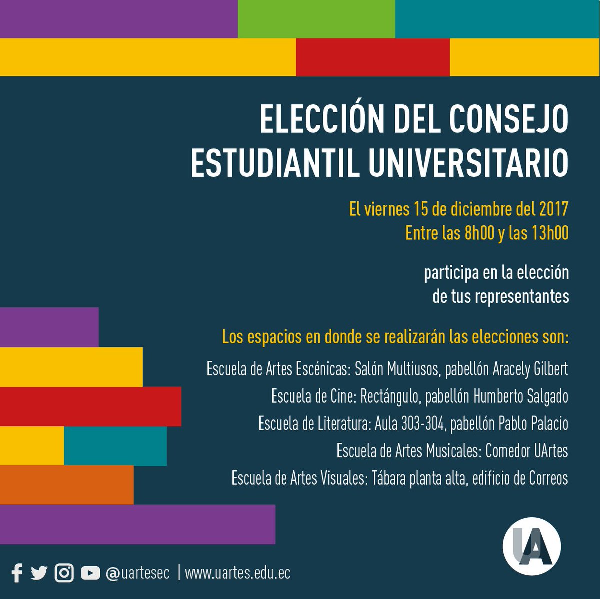 uartesec's tweet photo. Atención #EstudiantesUArtes: La Educación en Artes es un Derecho y, por lo tanto, una Responsabilidad. Participa el 15 de diciembre en la elección del Consejo Estudiantil. Acá más detalles del proceso 👉 https://t.co/gVqz5YwVM7. #SomosUArtes https://t.co/4Q0j8t530v