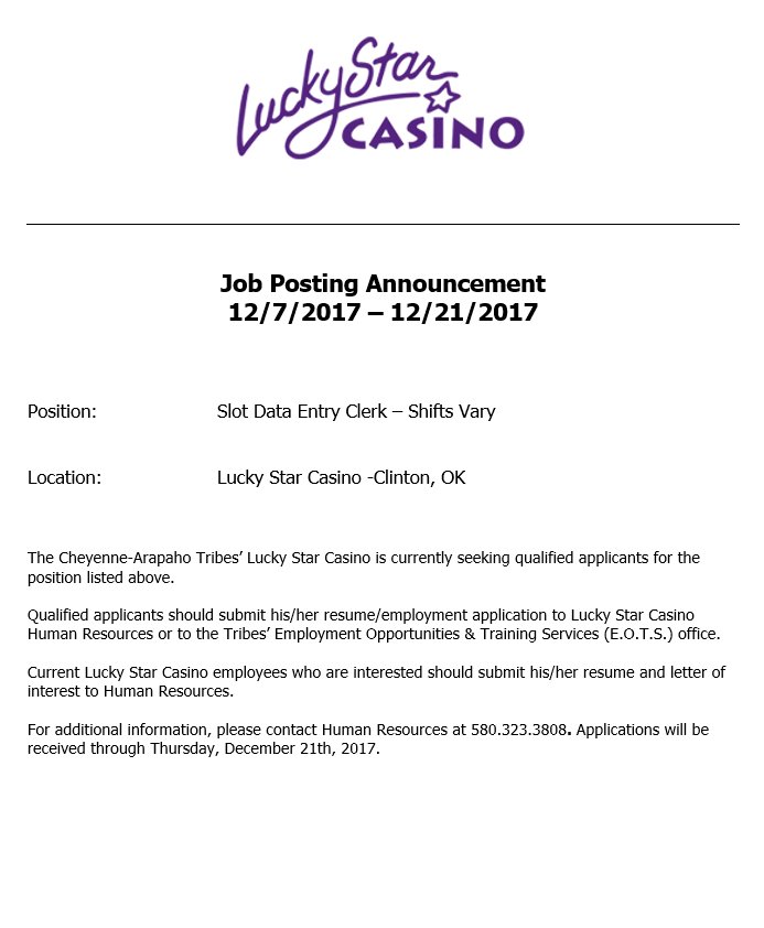 CA_ETAProgram's tweet image. Slot Data Entry Clerk   12/7/2017 – 12/21/2017