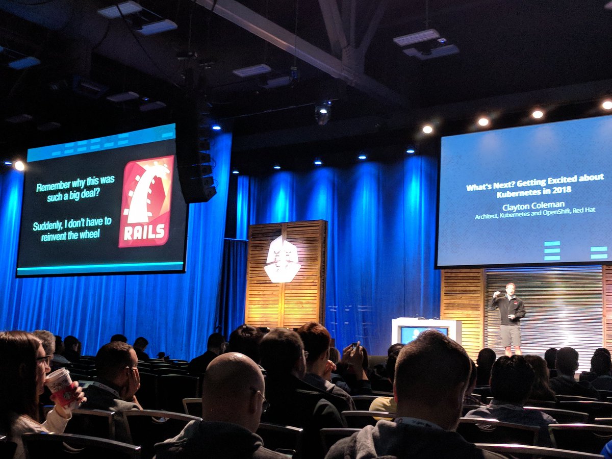 geronimodeabreu's tweet photo. Isn't it awesome to see Ruby on Rails mentioned at KubeCon by Clayton Coleman? Rails is a reference of a great community and a model to follow #Kubecon #KubeCon2017  #CloudNativeCon  #RoR https://t.co/BBuKHW2Kcz