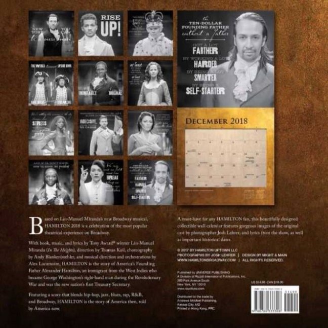 HamiltonMerch's tweet image. Hamilton 2018 wall calendars are available on broadwaymerchandiseshop.com now! Featuring a new selection of @JoshLehrerPhoto images of both Broadway and tour cast members, this is the perfect stocking stuffer for your favorite #HamilFan 🎁