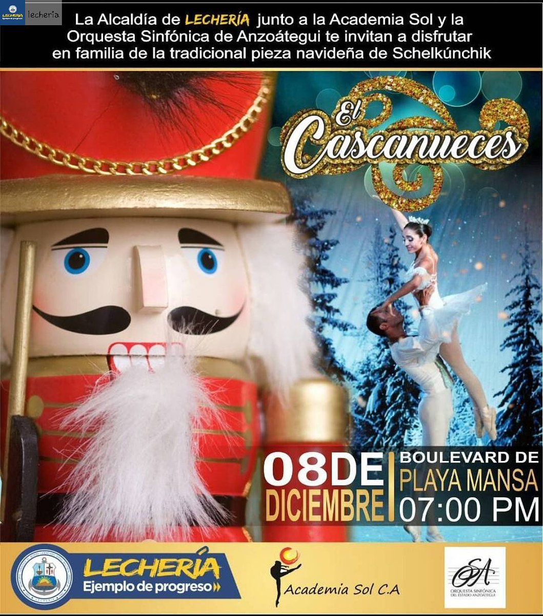 ComandoLecheria's tweet photo. ¡Lechería es tradición! Como cada año damos inicio a la Navidad en nuestra ciudad con el tradicional ballet del Cascanueces. Todos invitados hoy 8 de diciembre a disfrutar de este espectáculo en el bulevar de playa mansa a las 7:00pm. https://t.co/mSzVmLifZu