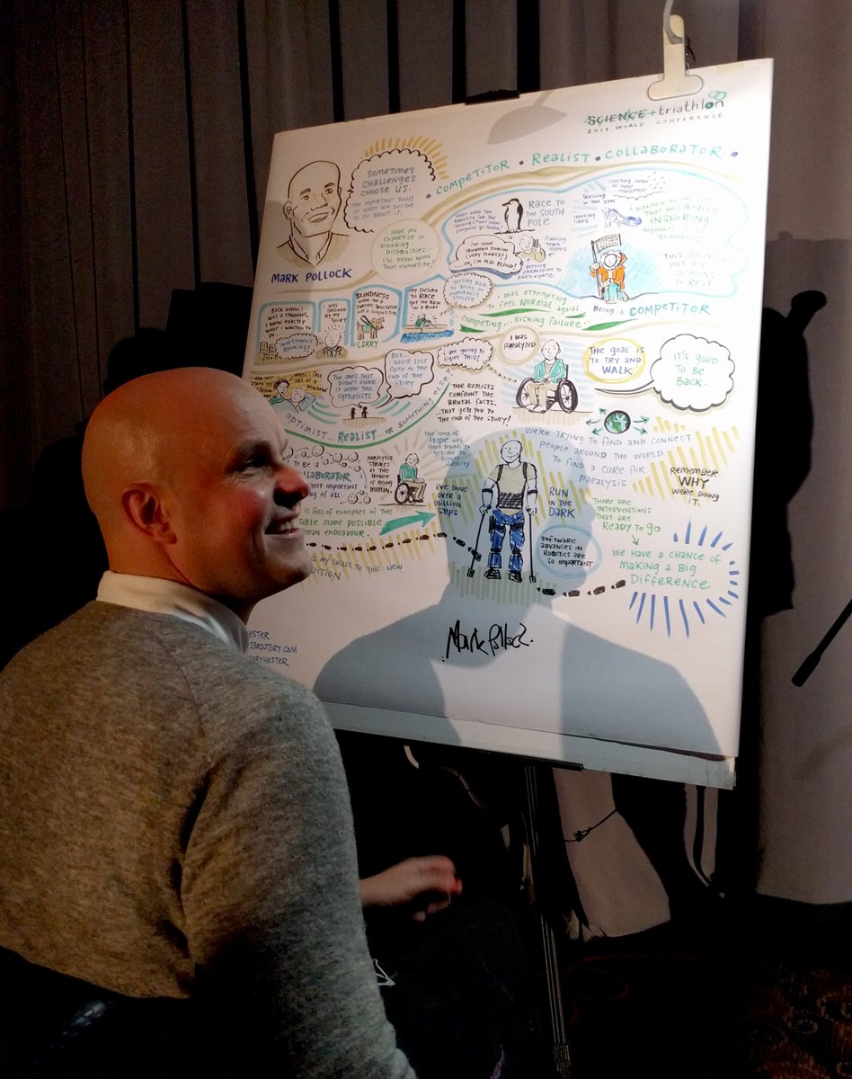 calgaryhester's tweet photo. @SCInTRI @vharber @cjknight #SCInTRI highlight: meeting @markpollock & watching him sign the #graphicrecording of his inspiring @SCInTRI talk. Find out about his work at @MPollockTrust! https://t.co/Svl8Bln6ro