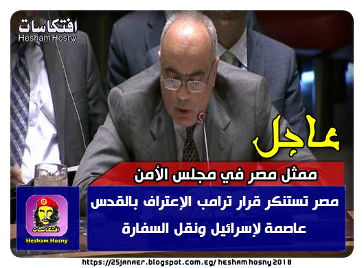 ممثل مصر في مجلس الأمن مصر تستنكر قرار ترامب الإعتراف بالقدس عاصمة لإسرائيل ونقل السفارة