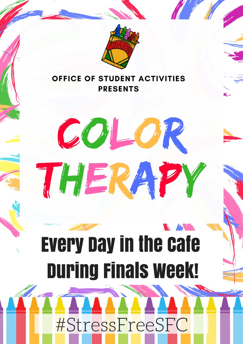sfcactivities's tweet photo. Reminder that there will be FREE Coffee &amp; Danishes EVERYDAY during Stress-Free Week around the college as well as Color Therapy stations if you ever just need a break and a bite to eat. #StressFreeSFC https://t.co/I8IFzRub4q