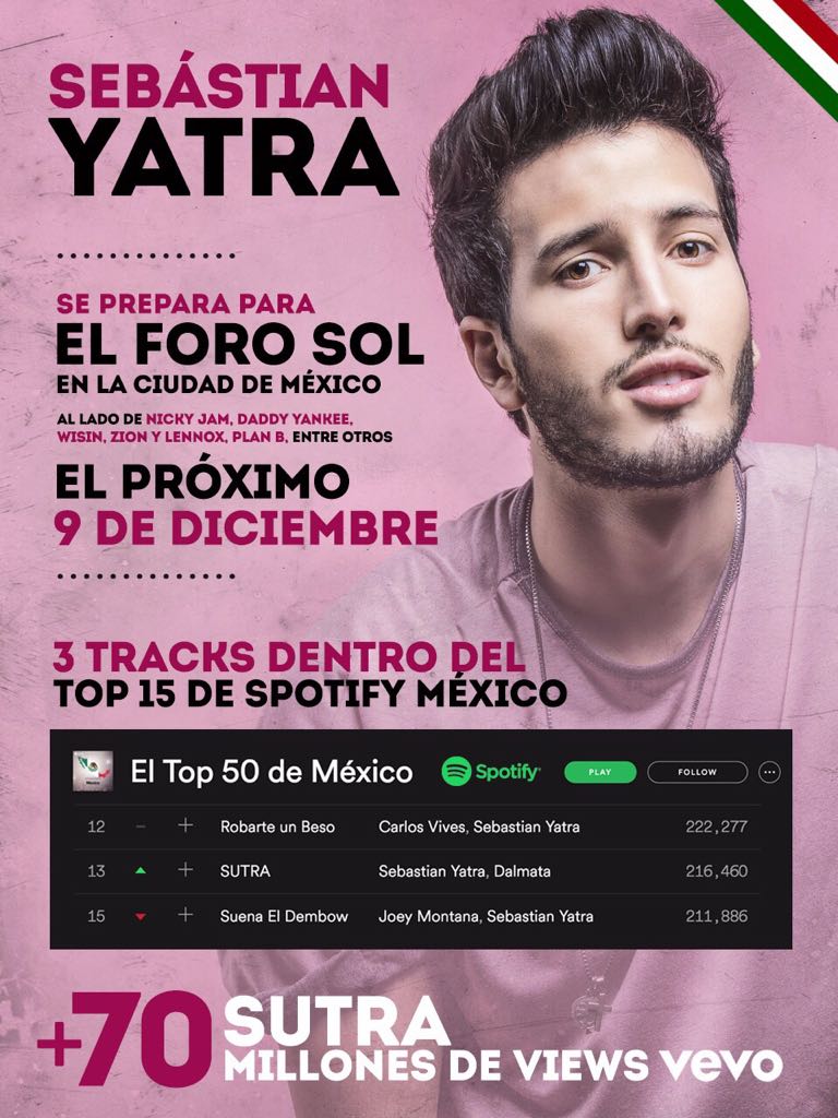 FanYatraCR's tweet photo. Excelente noticia mas de 70 millones de views del video #Sutra dentro del top 15 @Spotify México,  @sebastianyatra se prepara para el #ForoSol en la ciudad de México este sábado 9 de Diciembre!! 
No te lo puedes perder! #TeamYatra 
@RobertoAndradeDirak @Gomitwiin @VanneTwiin https://t.co/htCl6USNYQ