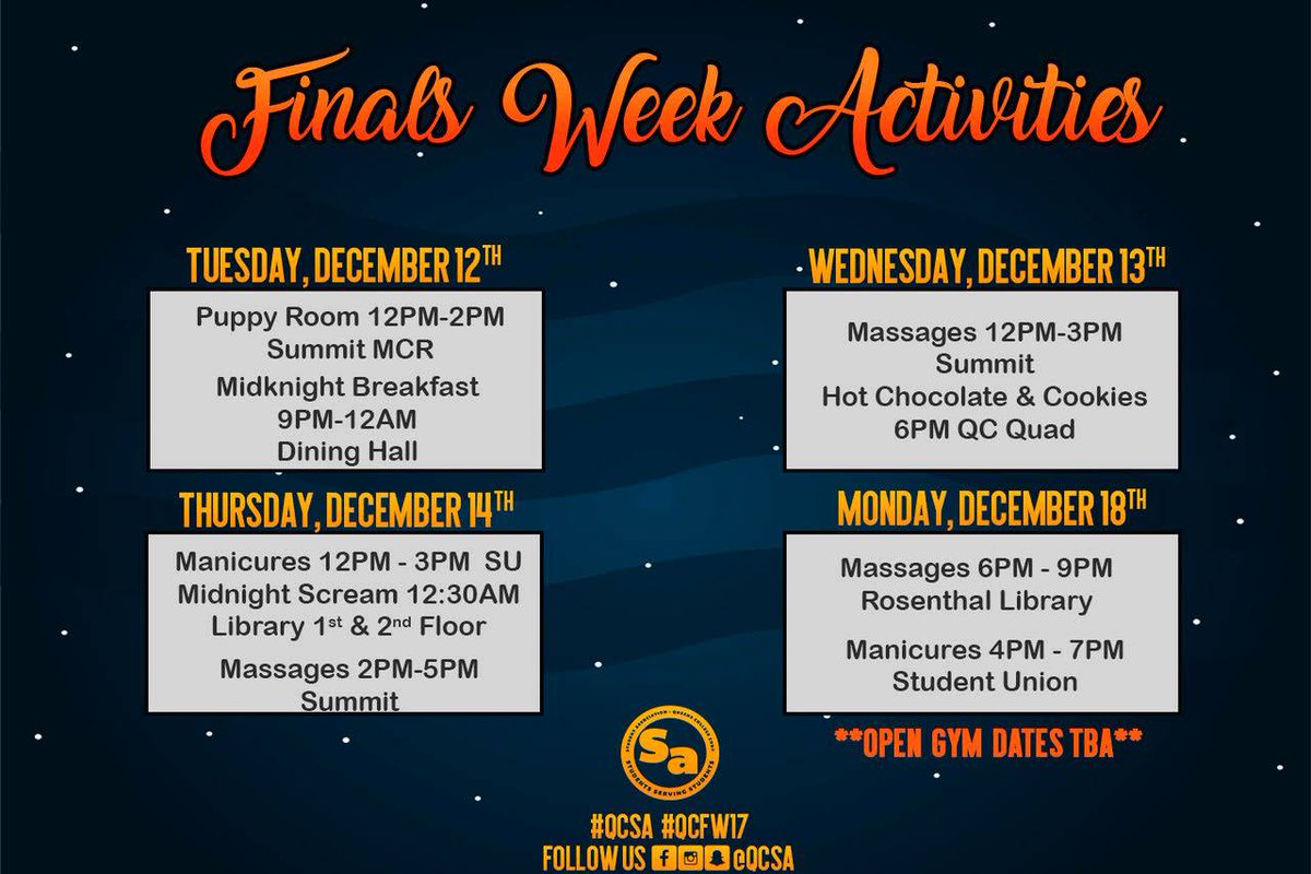 QCToday's tweet photo. #QCFW17 activities begin on 12/12 with the #puppy room & #MidKnightBreakfast! Take a study break and get some food, pet some adorable puppies, or get a relaxing massage. https://t.co/QzHffIrFwu