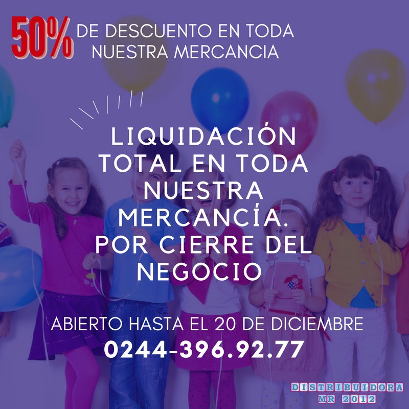 Dist_mr2012's tweet photo. Liquidación en toda nuestra mercancía. Por cierre del negocio.
50% de Descuento en toda Nuestra Mercancía. 
Abierto hasta el 20 de Diciembre.

Contactos: 02443969277
Estamos ubicados en:
Calle las Flores con Sucre, Cagua. https://t.co/iBTxc4FJWz