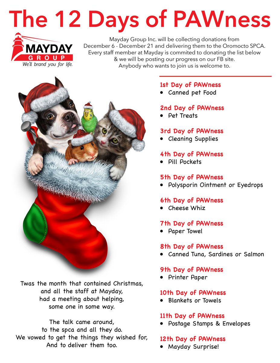 YourSwagShop's tweet photo. Today is Day 3 of our “12 Days of PAWness” and what a GREAT start!  We are collecting donations until December 21st for the Oromocto SPCA.  Join the fun – details attached. https://t.co/4sFntDZFbY