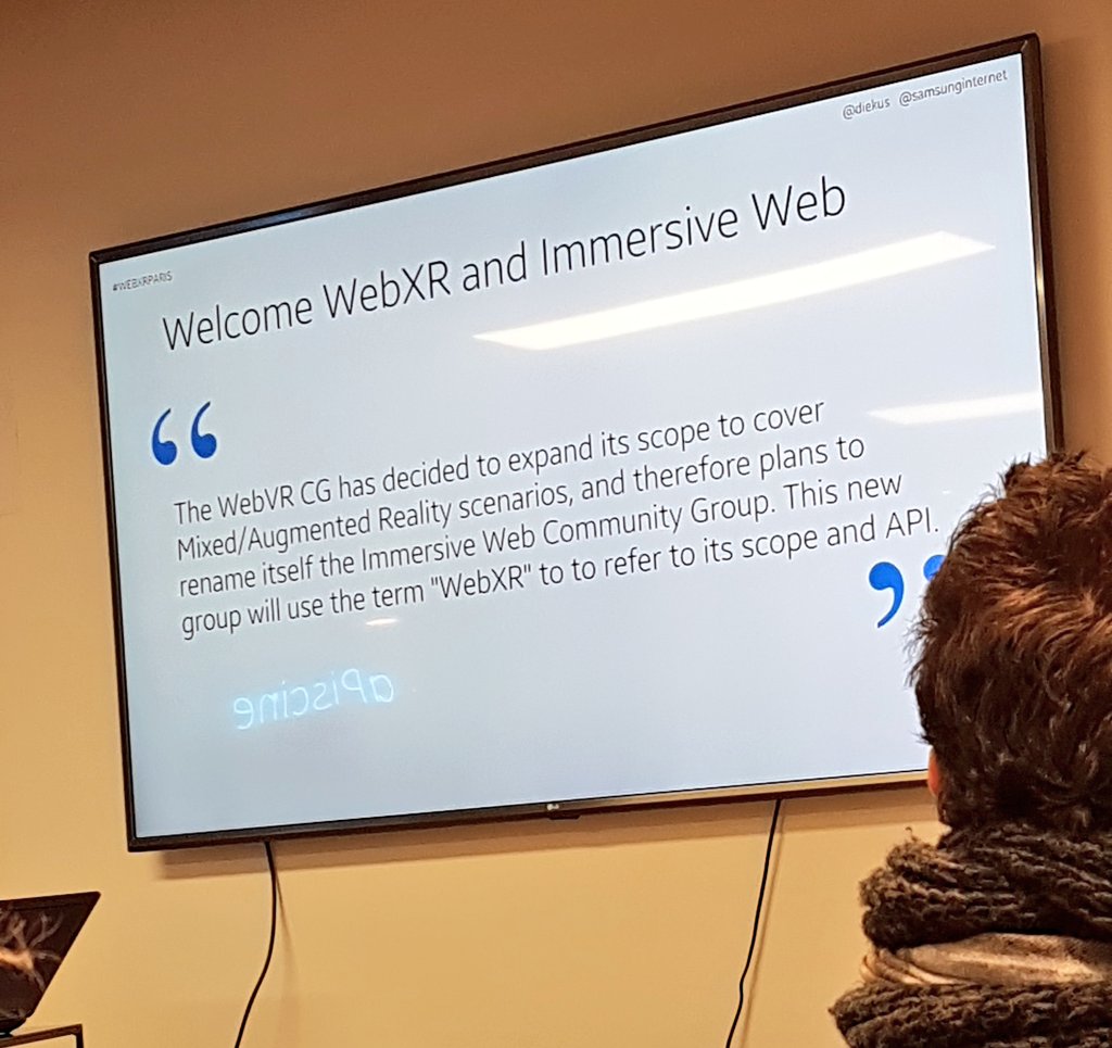 #WebXRParis @diekus from @samsunginternet about #W3C Workshop on WebVR Authoring #WebVRcontent17
WebVR extand to immersive web, and renamed to #WebXR