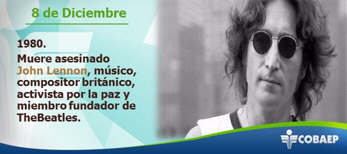 Cobaep_P36's tweet photo. #UnDíaComoHoy de 1980: Muere asesinado @johnlennon , músico, compositor británico, activista por la paz y miembro fundador de @thebeatles @cobaep https://t.co/TuFXhBUN0H