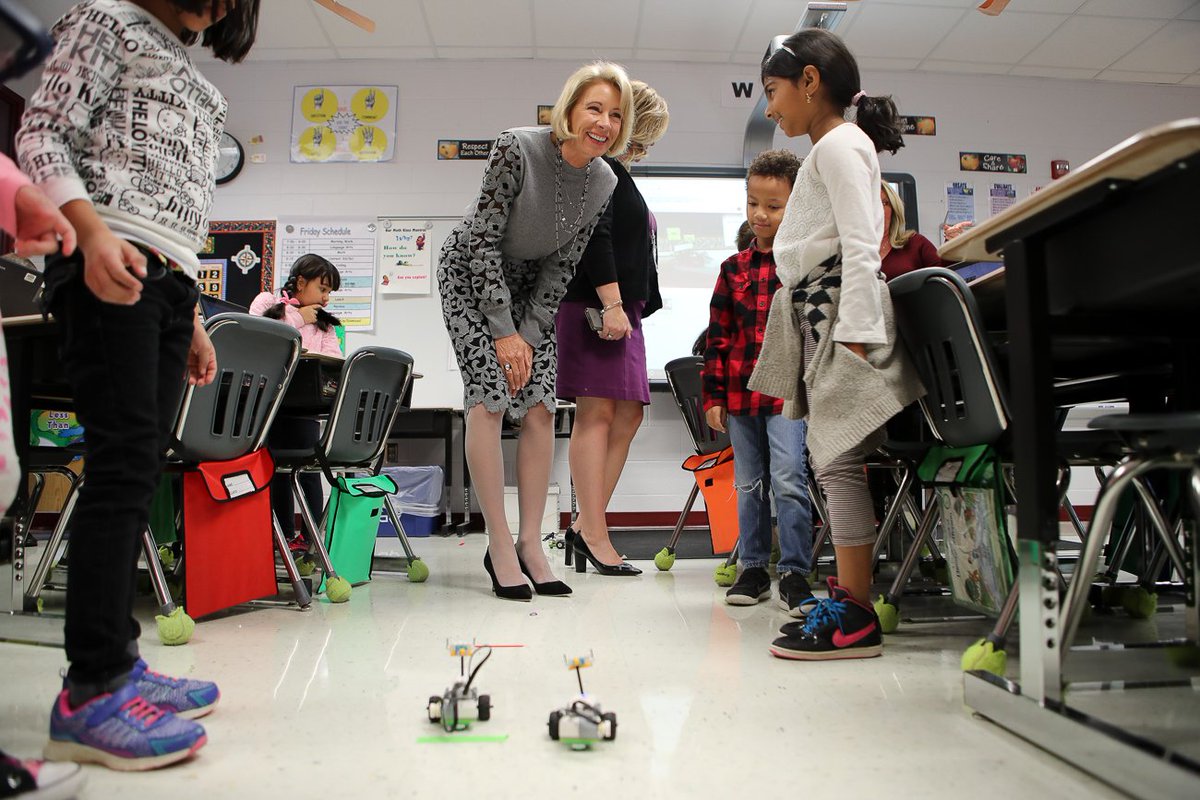 usedgov's tweet image. Coding in the classroom? It’s so much more than sitting behind a computer. Obstacle courses! Robots! The students @MoorefieldES showed us how computer science drives many of their ingenious classroom projects. #CSEDWeek