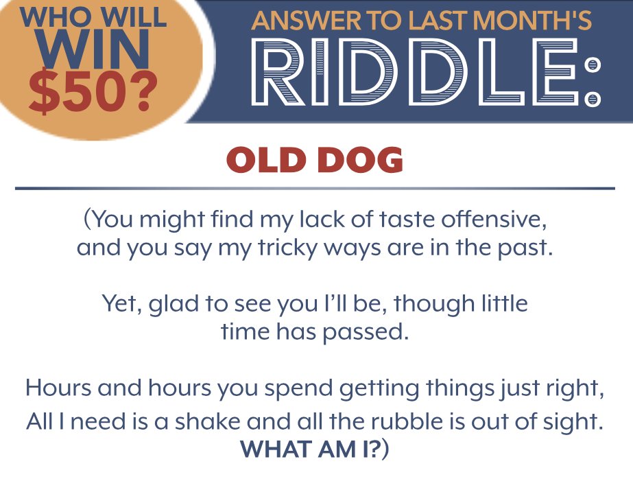 RubinInsGroup's tweet photo. Last month's riddle winner is Mark McGuire! 

He correctly answered "Old Dog." 

Did you get it right? Look out for more riddles in future issues of Our Hometown Magazine. https://t.co/cJLdQ9WYAW