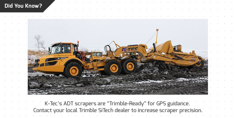 KTecEarthmovers's tweet photo. Ready for the final grade? K-Tec's ADT Scrapers are "Trimble-Ready" for GPS Grade Control. Contact your local @SITECH_CS dealer to get set up for a #MassiveAdvantage #FactFriday  @TrimbleCEC https://t.co/zIIKk8QJVb