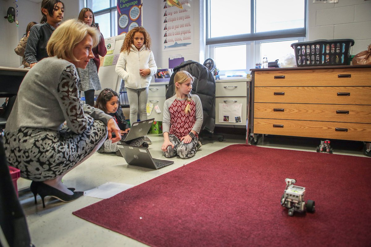 BetsyDeVosED's tweet image. Great way to end #CSEdWeek with the students @MoorefieldES! The teachers have done a tremendous job incorporating #coding into their curriculum...and the kids have caught on so fast! It’s exciting to see what students actively engaged in their learning can accomplish! #STEM