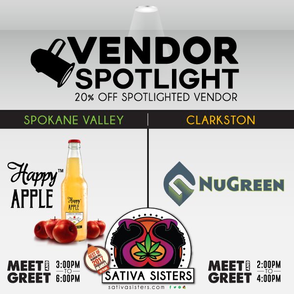 SativaSistersWA's tweet photo. #HangOut with us &amp; our #Buds for #Vendor #Spotlight today! 20% off products from @HappyAppleWA in Spokane Valley from 3-6pm, &amp; @NuGreenWA will be in #Clarkston from 2-4pm! #marijuana #cannabis #weed #maryjane #MJ #legalweed #waweed #smoke #THC #shoplocal #sale #deals #weekend https://t.co/ajt0Z80Mdn
