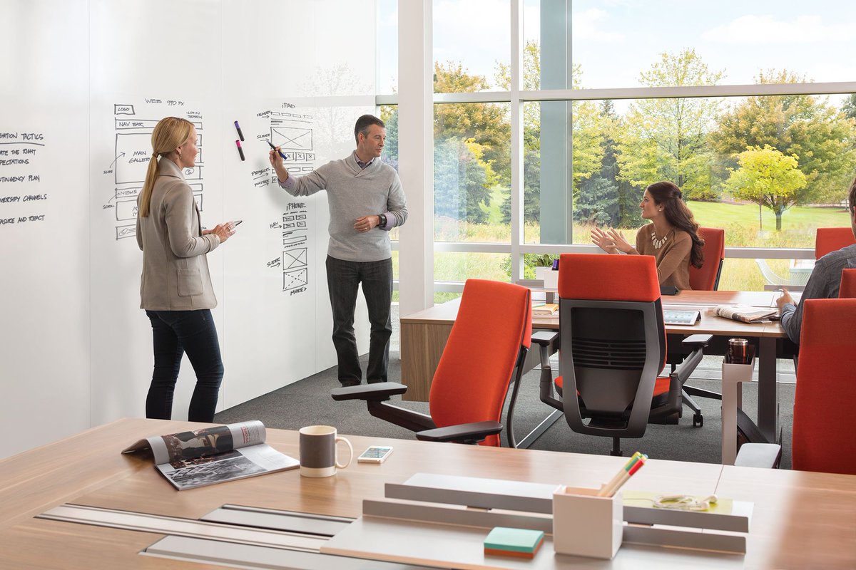 Polyvision's tweet photo. According to @Steelcase research, 82% of workers feel they need to collaborate with others to get work done. #CeramicSteel support #collaboration or serve as an #architectural application with #customizable imagery in a range of #workplace environments. https://t.co/nQoKo5zd43 https://t.co/sVXYTxiE0P