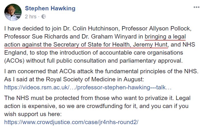 BREAKING! Stephen Hawking is leading legal action to block Jeremy Hunt &amp; his chums from privatising further parts of the NHS. Mr Branson will not be pleased!